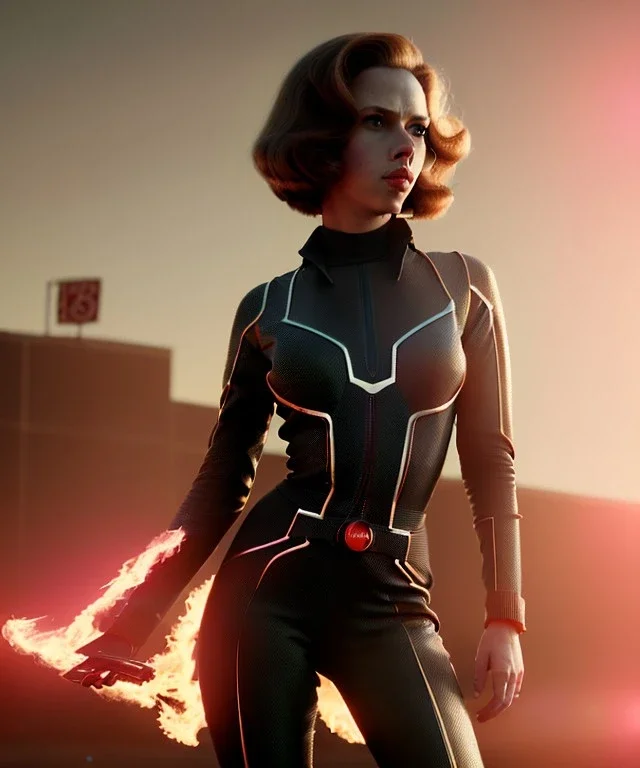 retro sci-fi portrait image from 1960, supermarket parking explosion, fire, classic black widow, young Scarlett Johansson, tight lycra suit, soft color, highly detailed, unreal engine 5, ray tracing, RTX, lumen lighting, ultra detail, volumetric lighting, 3d, finely drawn, high definition, high resolution.