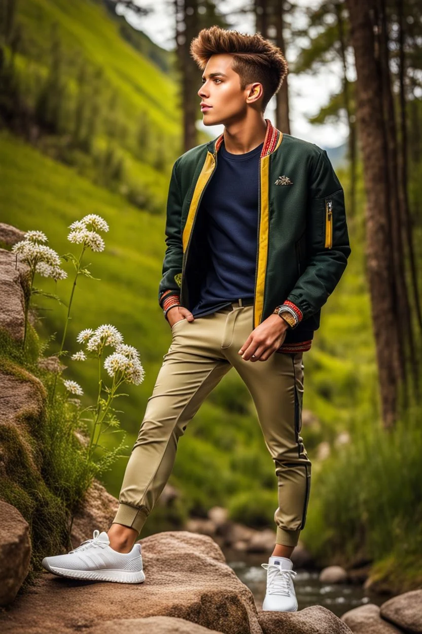 fullbody shot of young-beautiful-boy-with-a-perfect-face-with-make-up-wearing- sport pants and jacket standing ,geen hills ,nice nature environment ,wild flowers,clean water river with colorfull rocks in floor