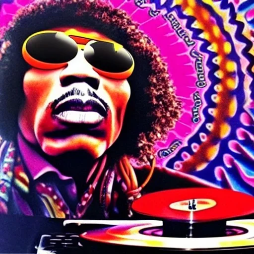 a realistic picture of Jimi Hendrix at a turntable with headphones on being a DJ, vivid color, with sunglasses, psychedelic trippy art