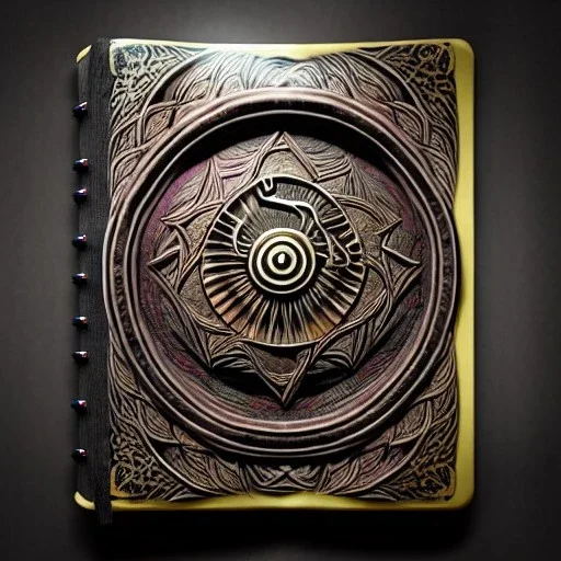 an ancient ornate intricate old tome spell book with the sigil symbol of an eye emblazoned on the cover, cinematic, realistic, intricate detail, finely detailed, small details, extra detail, photorealistic, high resolution, 3D, PBR, path tracing, volumetric lighting, octane render, arnold render, 8k by android jones, earnst haeckel, james jean. behance contest winner, generative art,