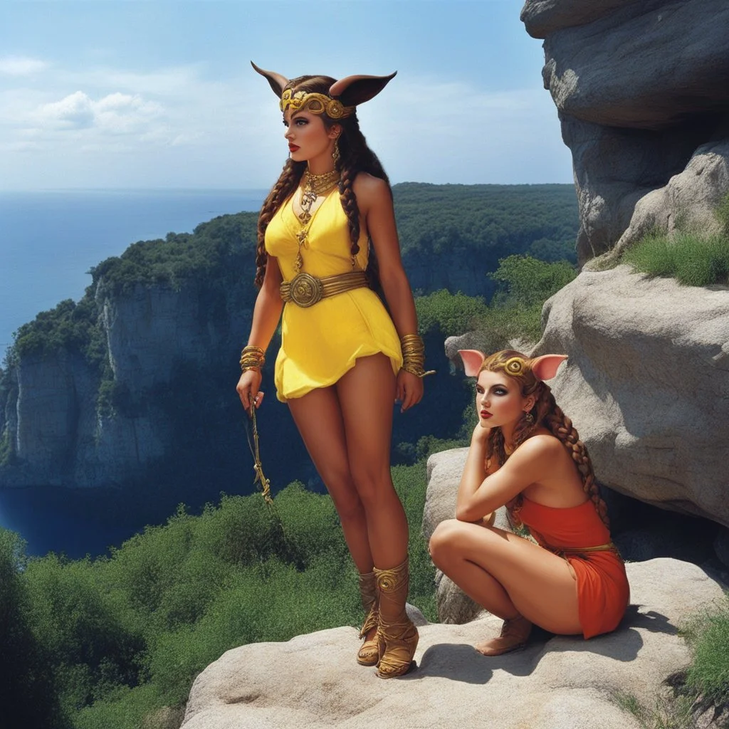 [picture by Russ Meyer] Circe the awesome nymph of the Odyssey with lovely braids on the cliffhanger, watching the horizon, she as one if her minion pig on her feet