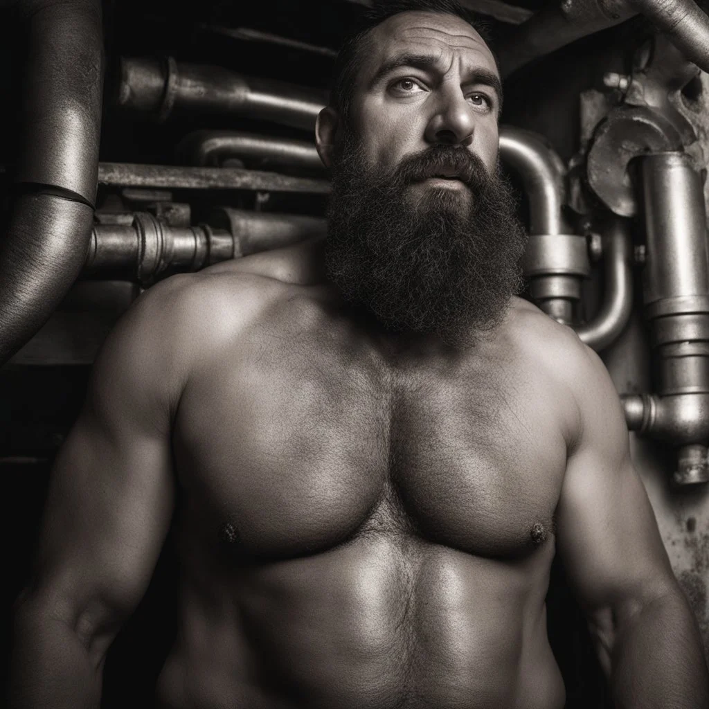 close up shot photography, ugly wet arab beefy plumber repairs boiler, burly, shirtless, hairy allover, manly chest, short beard, 42 years old, dressed in broken dirty boxer, big thighs, seen from below, frontal view, ambient occlusion, side light