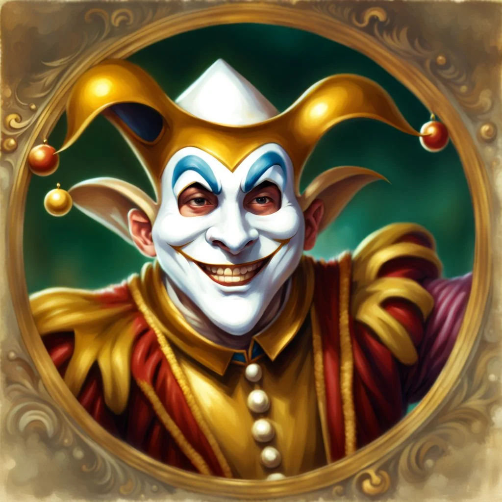 fantasy 90's tcg art of a heroic happy male jester wearing a white mask and golden costume