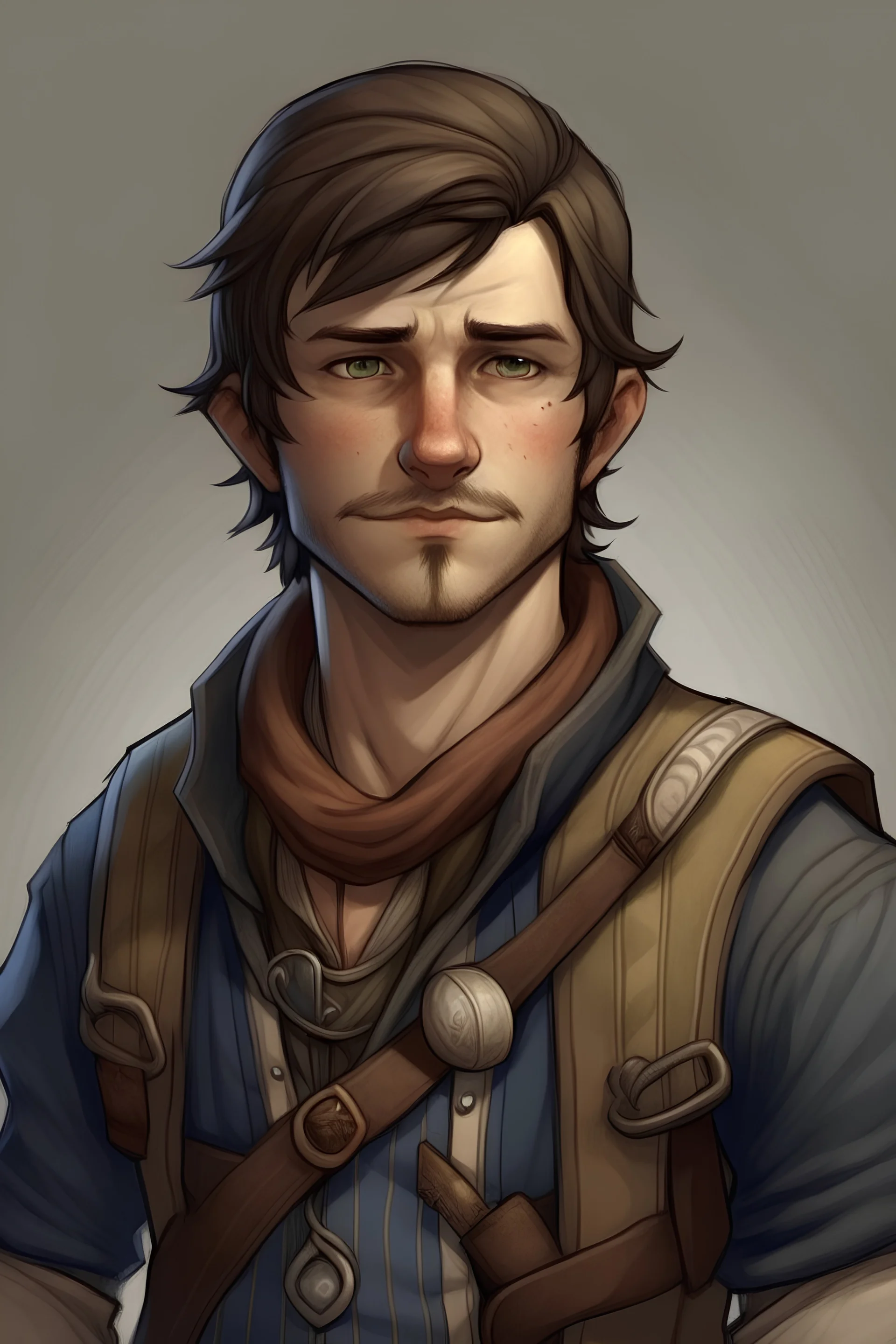 Halfling treasure hunter in their early 20s. They have straight brown hair and a small mustache. They're odd looking, and look like Jack Marston from red dead redemption. They have lots necklaces. Also, they wear mostly black, cream, brown, and navy blue. Make it realistic. Make him a little rugged, but still youthful. Give him a scarf. Give him an overcoat. He should look happy and eager.