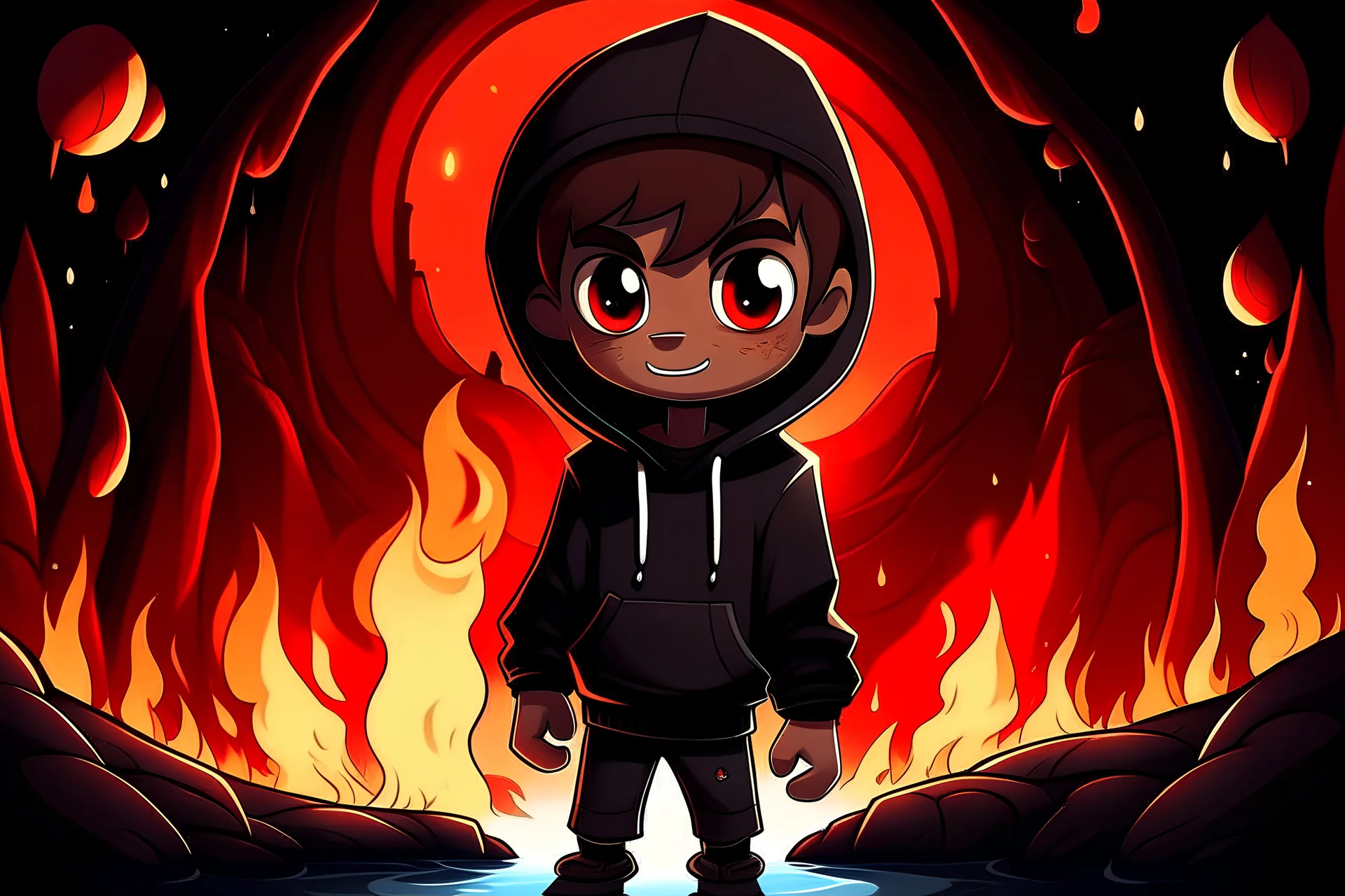 a brown skin coloured cartoon boy with big head with a evil smile with red eyes standing in a cave with black hoodie and black pants with white shoes with hes hands in hoodie pockets with a river in the cave and a waxing crescent moon with fire red burning around the cave with a black cat with red glowing eyes sitting on the ground