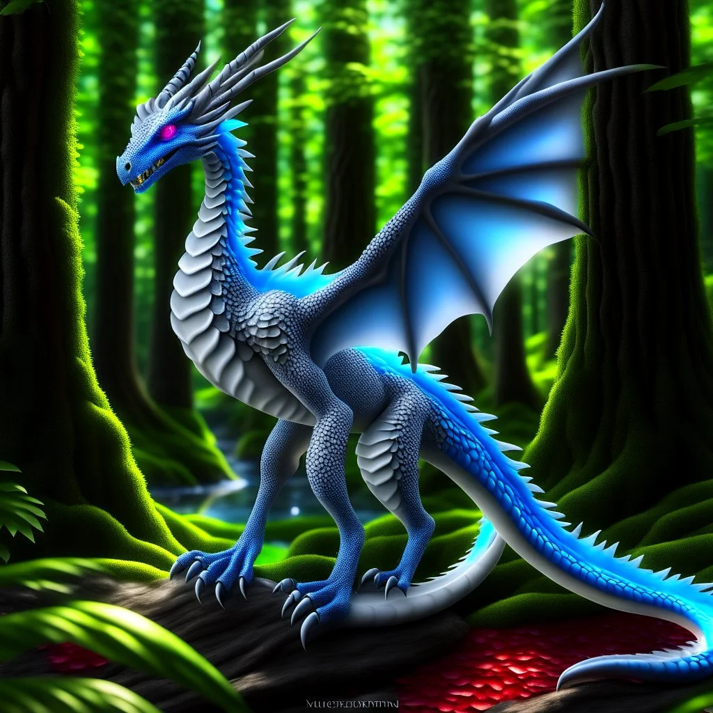 A dragonoid human with silver scales along with a long, flexible tail in a magical forest