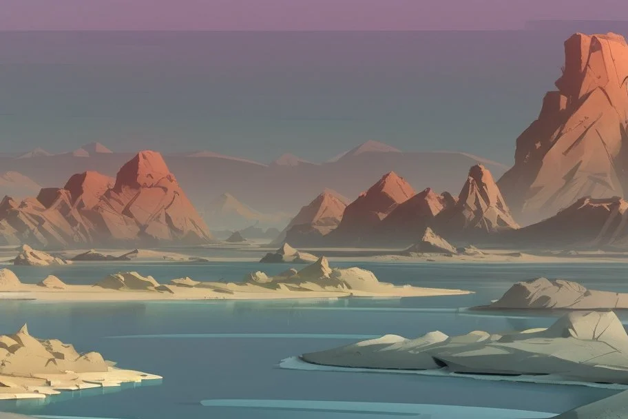 lagoon, rocks, distant mountains, arid land, dry trees, distant modern contemporary city, epic.