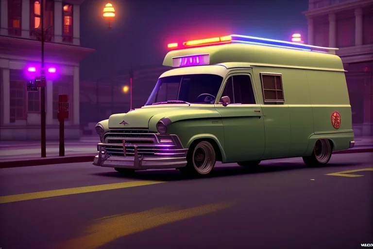 ambulance van , street view, oakland, downtown, night time , unity, scriptable render pipeline , cinematic lighting.