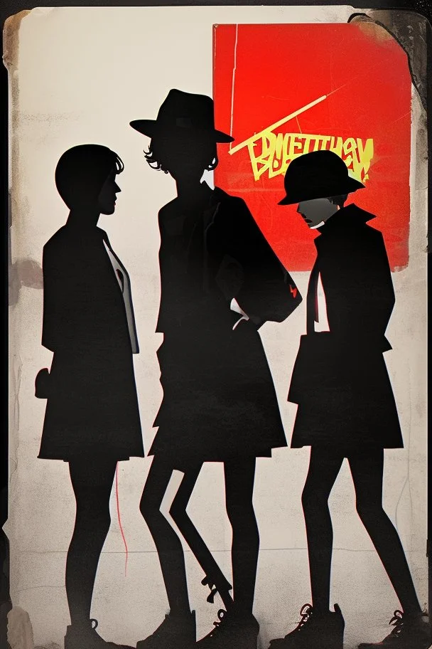 Design a detective book cover for teenagers. A teenage punk girl in the centre, one boy on her left, and one on her right are on the town street. Black cat. Banksy style, pop art style, mysterious atmosphere, white van in the background