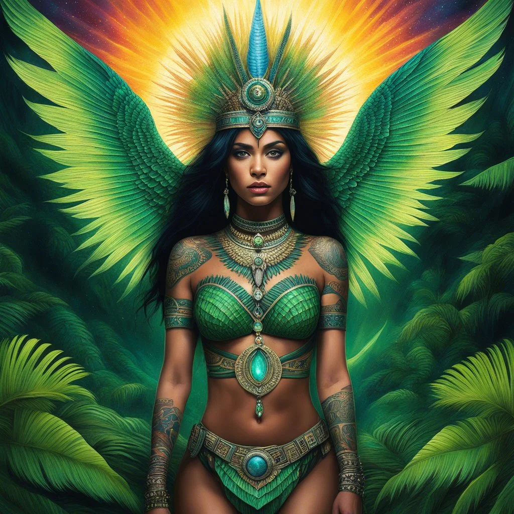 a surreal scene, Feral girls and a reptilian god upon a Mayan pyramid, so serene. Tattoos came to life, uniforms transformed with tribal patterns aglow, Colors pulsed, jewelry sparkled, and the aura halo cast a radiant show. The god's scales shimmered, wings unfurled in a mesmerizing display, Lush green rainforest mountains undulated in a cosmic ballet. A kaleidoscope of hues danced before the writer's eyes, so bright, Boundaries blurred, reality melted in the psychedelic light. The scene was no