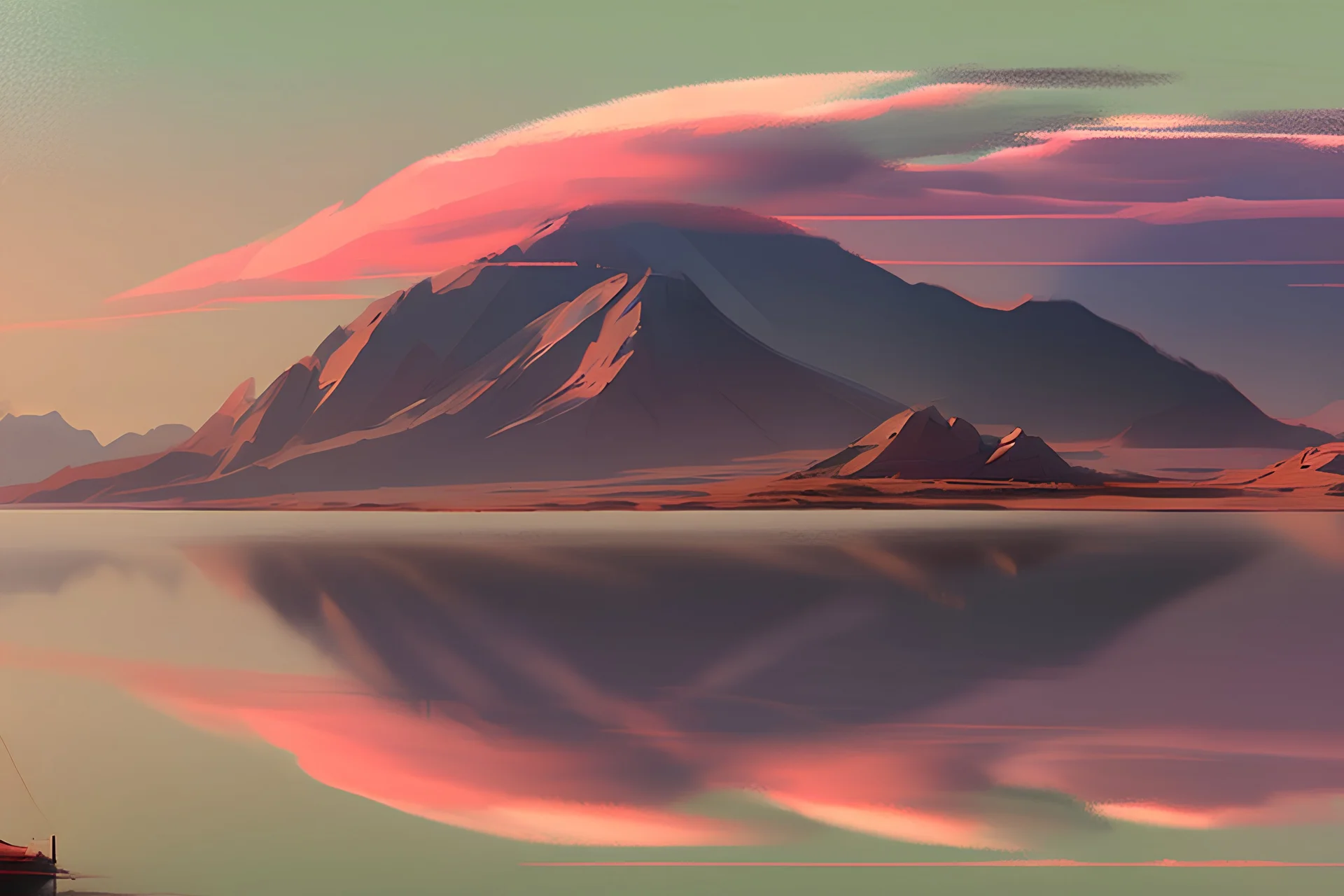 Lake reflection, distant exoplanet in the horizon, boat, mountains, sci-fi, lesser ury painting