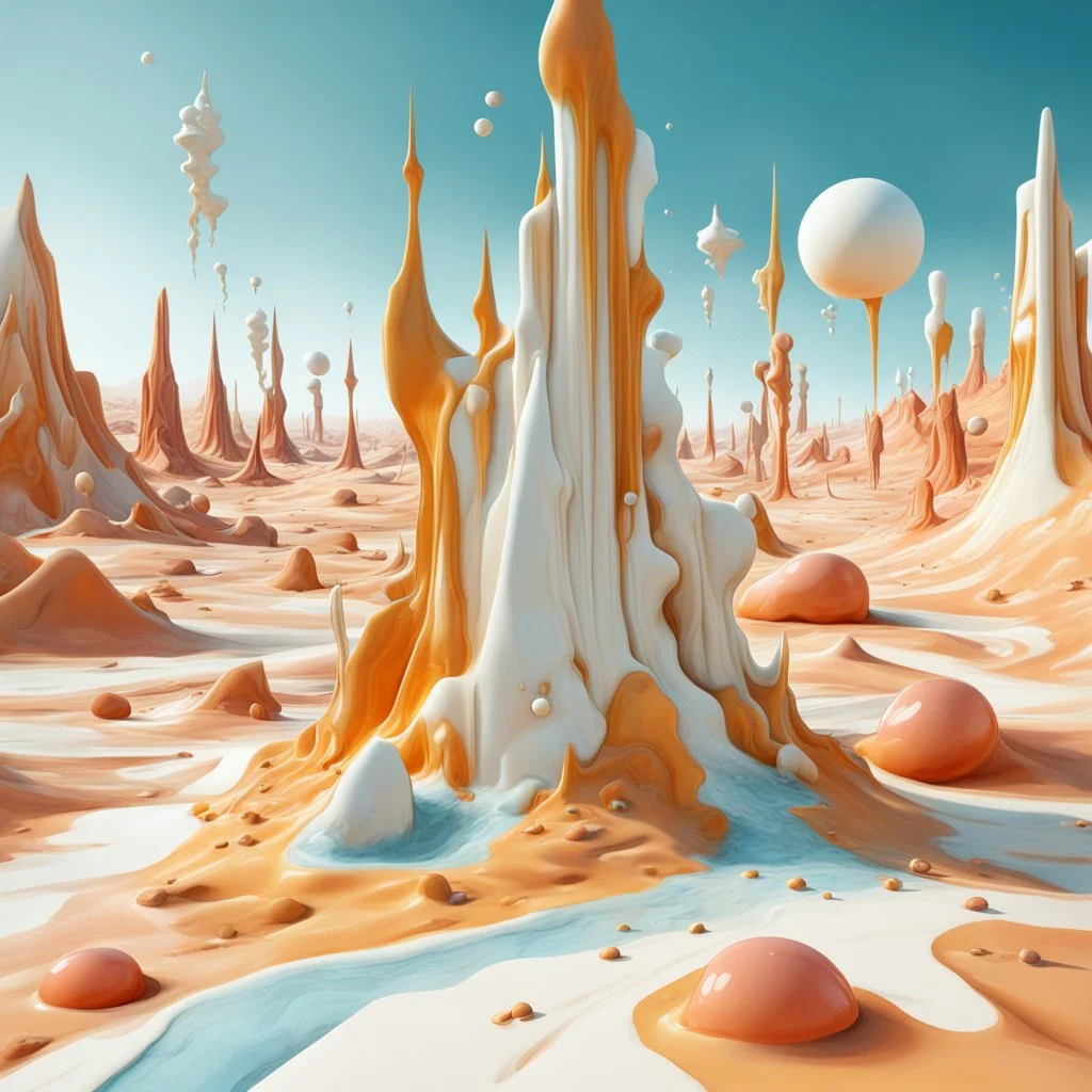 Bright, glittering, 3d, marble-like, surreal objects in a bright environment, desert, noon light, melting cream, Yves Tanguy style