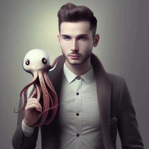 a masculine brunette gay austrian man with octopus plushie on head