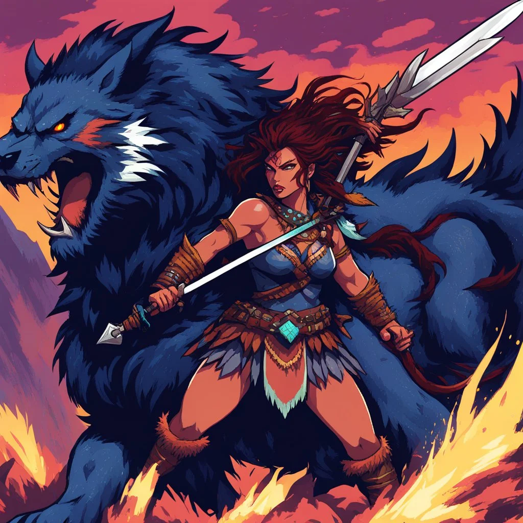 [psychedelic pixel illustration by Jannell Jaquays with Verve colour palette] Shaya Bloodfang, a fierce barbarian of the untamed wilds, charges into battle with unmatched ferocity. Armed with her blade and the instincts of a predator, she fights not just for survival but for vengeance. With a monstrous fiend on her trail, she faces her fate head-on, embodying the relentless spirit of the wild.