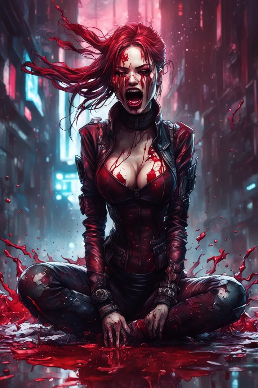 beautiful cyberpunk girl, face distorted with pain, screaming, tears streaming from eyes, siting pose, fullbody, splashes blood, behind guts rising from the ground, intricate, darkred tones,