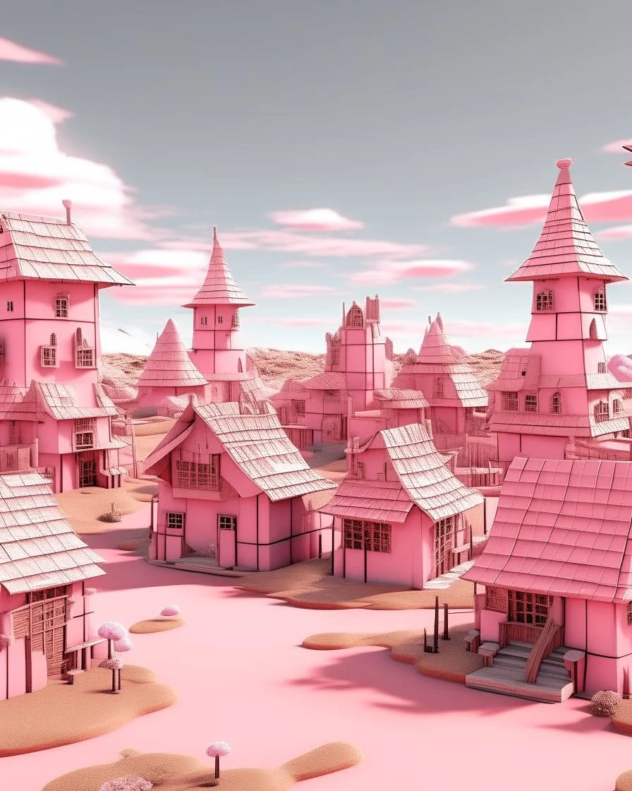 A light rosy pink old town with windmills designed in Moai statues painted by Guo Xi