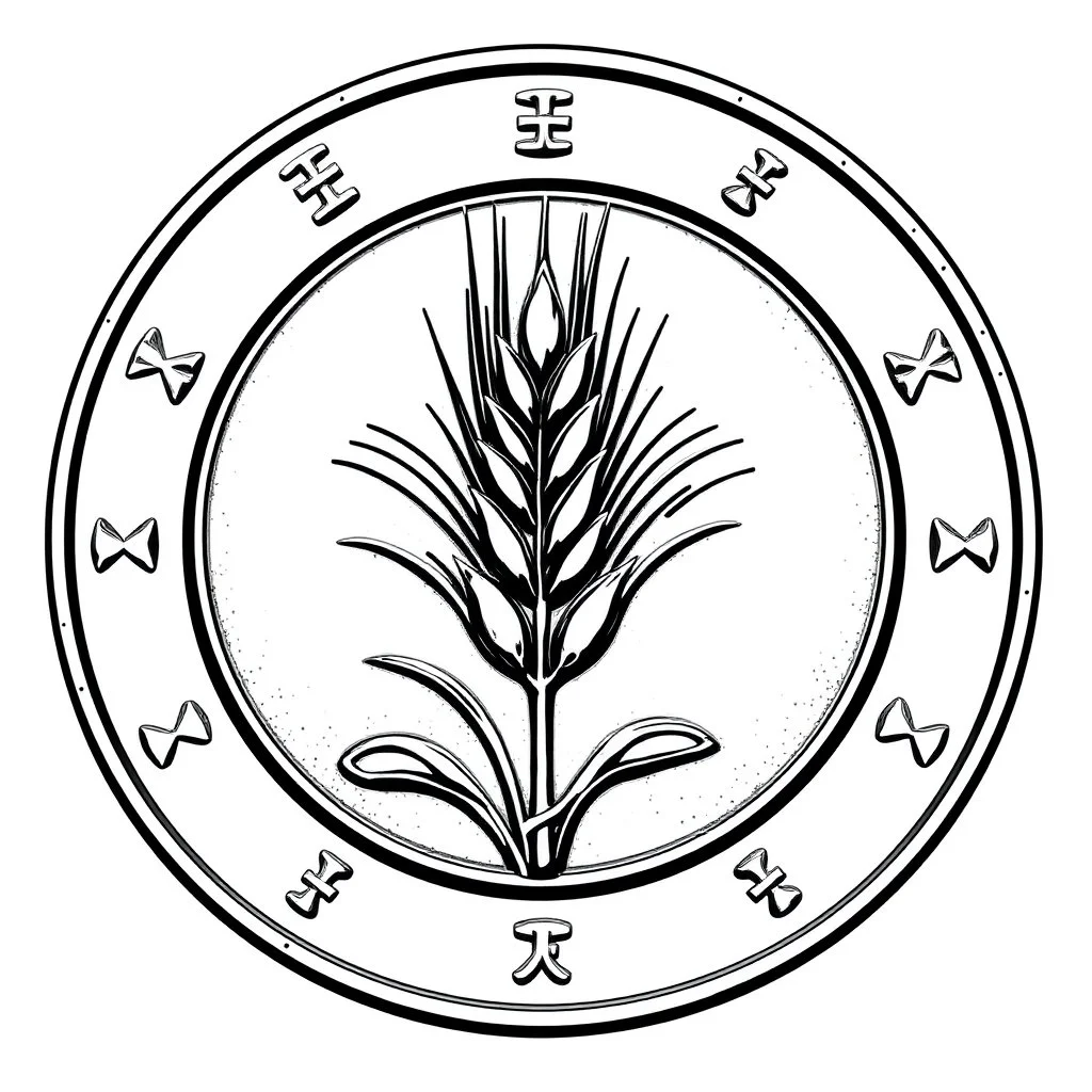 logo of a coin with a wheat sheaf engraved on it, line art