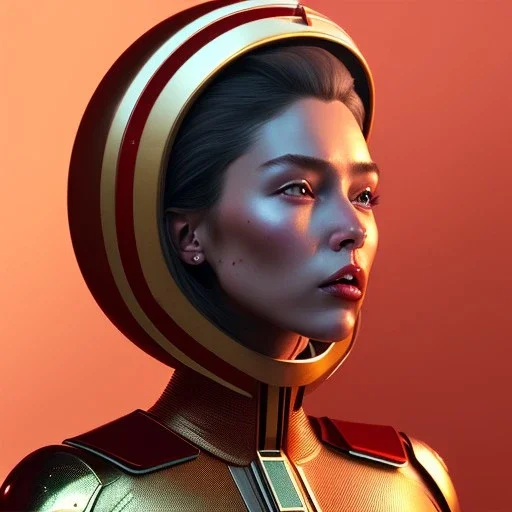 woman, rounded face, red, round helmet, decorative color feathers, retro futuristic, latex coat, soft color, highly detailed, art stations, concept art, smooth, unreal engine 5, god rays, ray tracing, RTX, lumen lighting, ultra detail, volumetric lighting, 3d, finely drawn, high definition, high resolution.