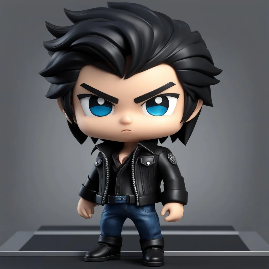 a chibi man with messy black hair, blue eyes, mafia capo, leather and denim outfit, intricately detailed, 3d doll