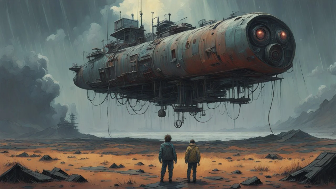 Science fiction painting, Denis Sarazhin Simon Stålenhag, Goro Fujita Nicolas Bruno, sinister skies, harsh survivalism, Peter Sallesen, Hamish Frater, ominous vibes