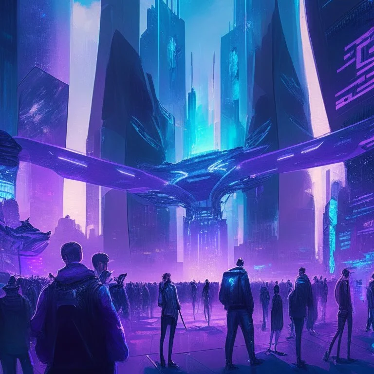 A group of people gather in a futuristic plaza, surrounded by towering skyscrapers and holographic advertisements. The plaza is filled with blue and purple light, and flying vehicles can be seen in the background. Digital art