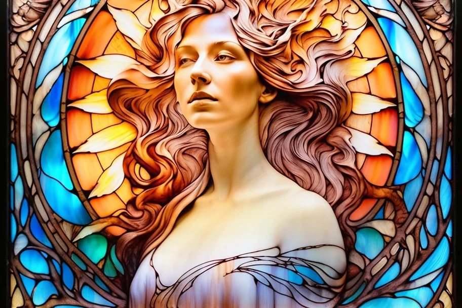 24x36 inch movie poster - "The End of Life" - double exposure - Oil paint, water paint, acrylic paint, statuesque, clay molding, wood burning, pencil and ink - in the art style of every artist that has ever lived - a multicolored, stained, spectral, glass fragment, prism, 3D sculpture, a woman standing on the precipice looking down into the void while a giant, snarling werewolf rears up behind her