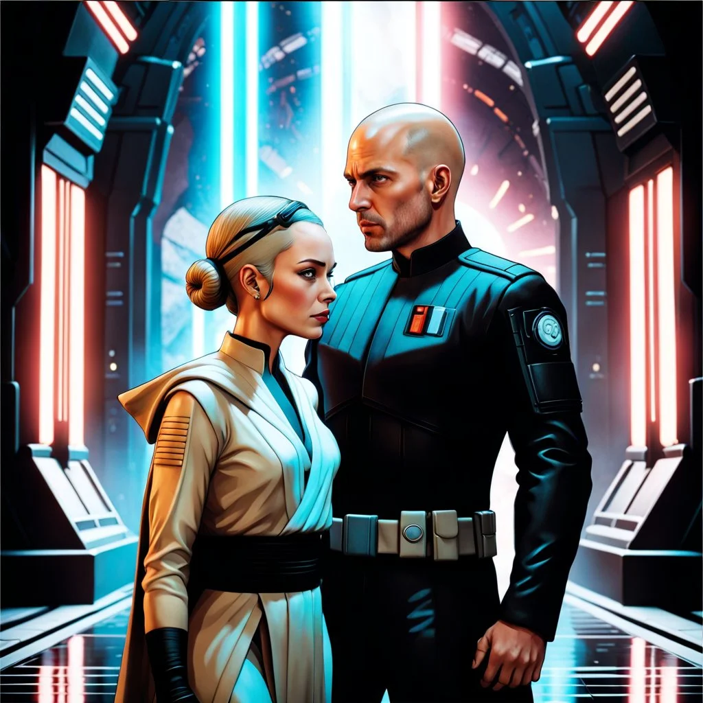 a bold and heroic bald male Corellian pilot in black and metallic grey First Order special forces gear meets a female Jedi Master in ancient, mystical temple, hyperdetailed, dynamic lighting, hyperdetailed background, 8k resolution, volumetric lighting, light skin, fully symmetric details