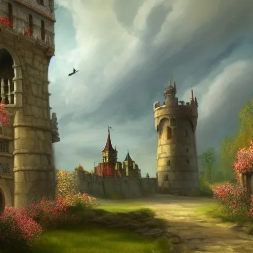 Epic Castle into sky, with flowers of fyre. Huge clouds and birds. Shy girl going out of the main gate. Detailed painting, sharp color, medieval, intricate detail, far sceen, realistic colors, medieval concept art. spring.