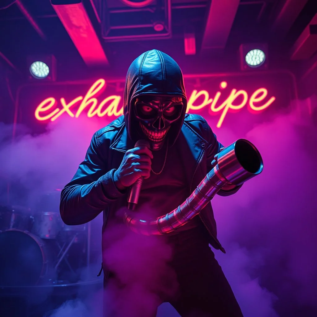 A exhaust pipe performing at dance club, his name is "exhaust pipe" and looks crazy, looks very aggressive look, Neon lights and smog, Im a "exhaust pipe" SIGN ON WALL