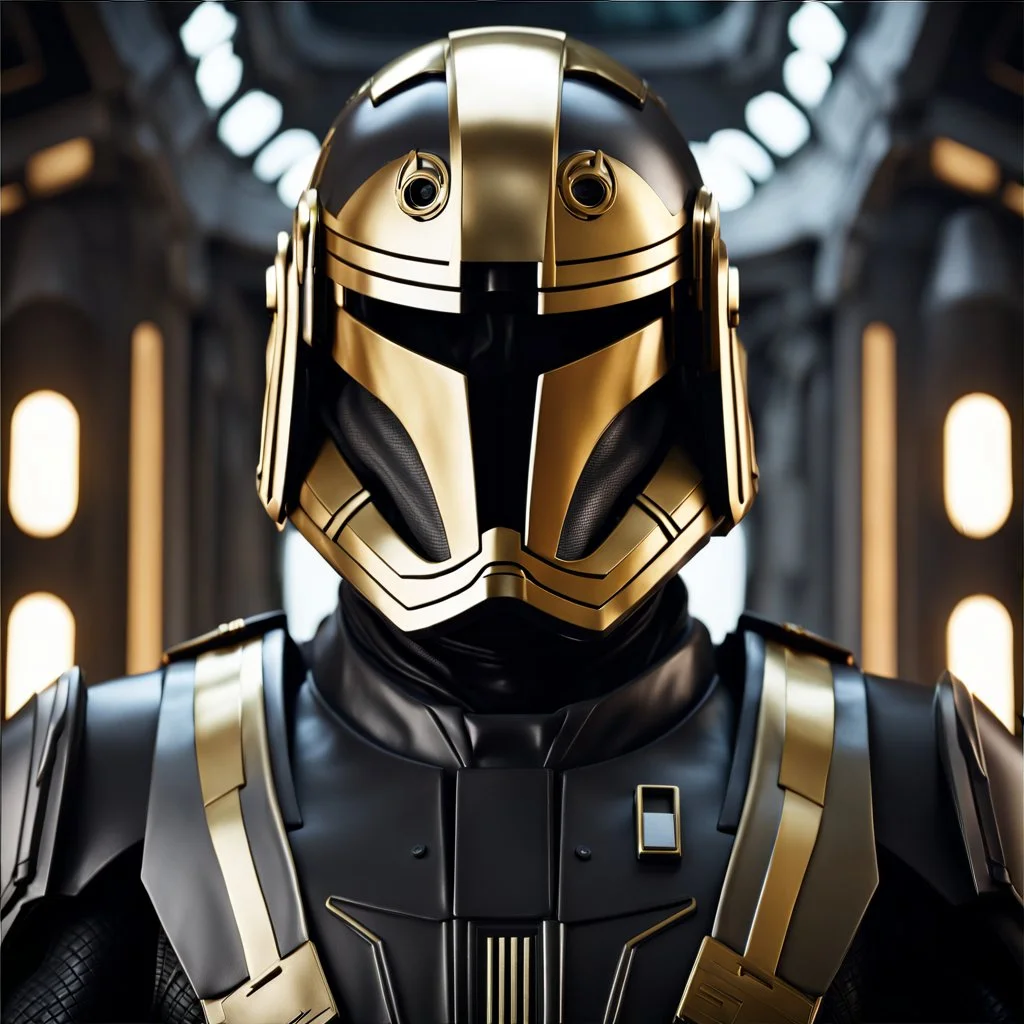 star wars bald male corellian pilot wearing pearlescent black and gunmetal grey First Order special forces armor and helmet with gold trim inside the jedi temple, centered head and shoulders portrait, hyperdetailed, dynamic lighting, hyperdetailed background, 8k resolution, volumetric lighting, light skin, fully symmetric details