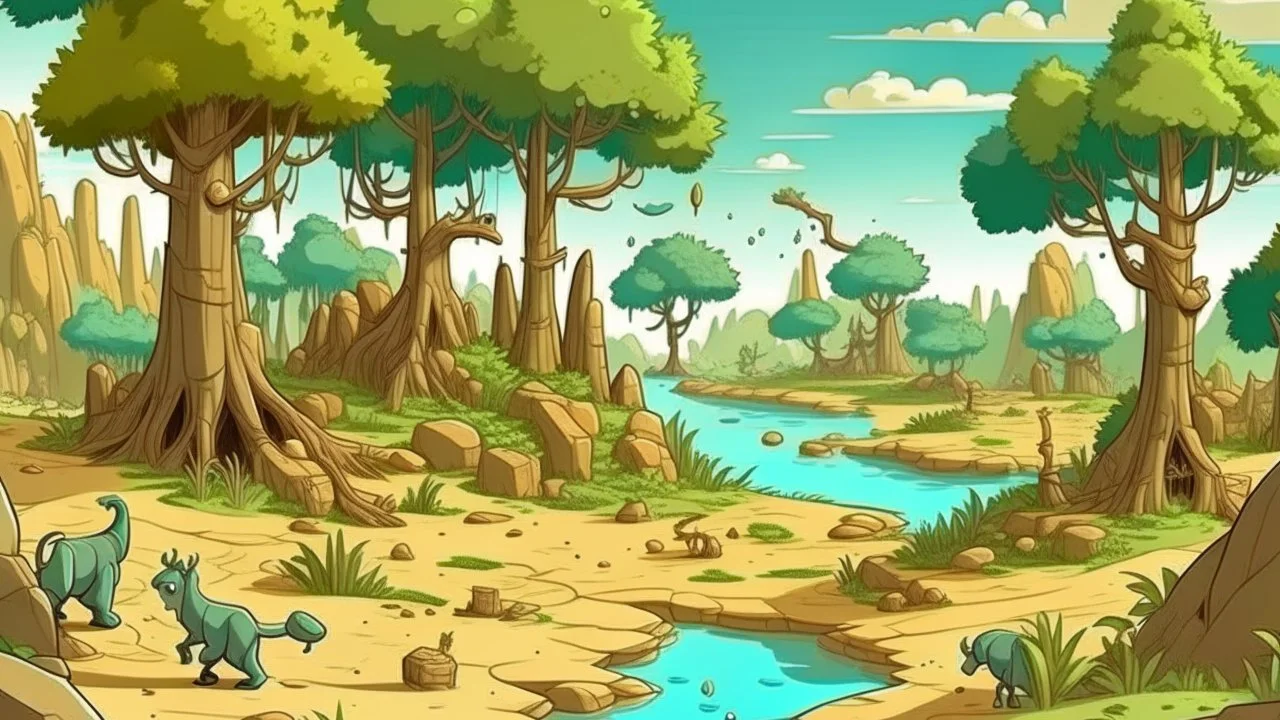 Cartoon illustration for children: Cenozoic scene, millions of years ago, with towering prehistoric trees, bubbling mud pits