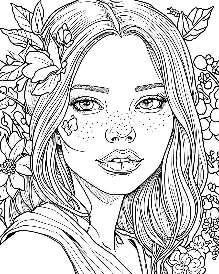 Generate a colouring pages of the face of a cute girl with flowers along with some pencil sketch marks with white bachground