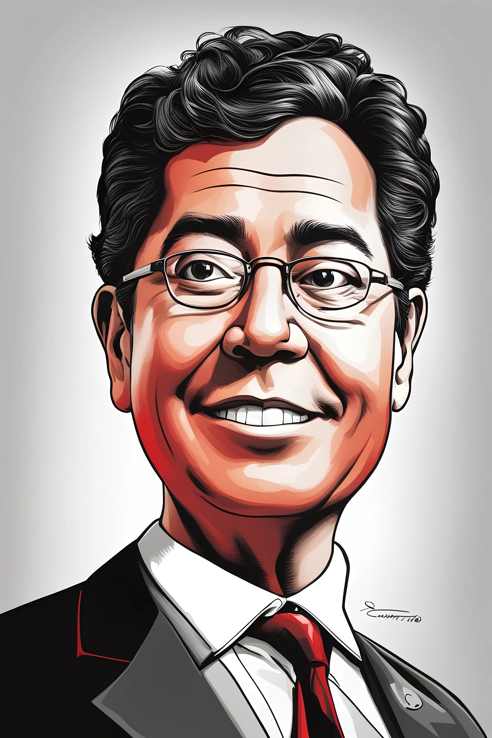 Ilustración estilo caricatura de Gustavo Petro presidente de Colombia, colores contrastantes, rojo, negro y blanco