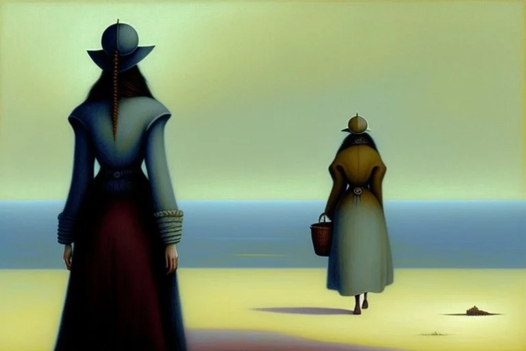 two women seen from behind walking side by side in an empty foggy plain, above there is blue sky by artist "Leonora Carrington",by artist "Christian Schloe",by artist "Kay Sage"