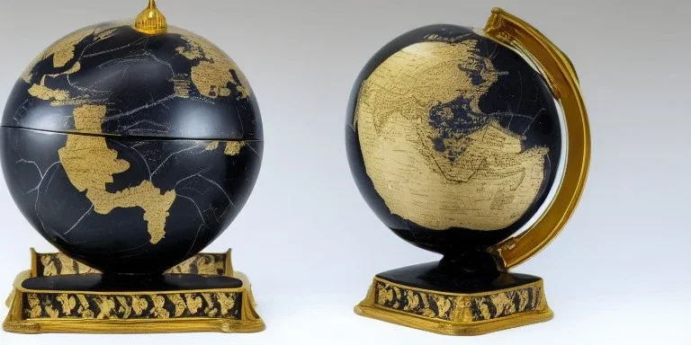 fantasy world globe, black marble, pearl inlay, fine gold detail, marginalia