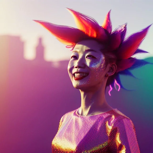 Ultra Realistic photo, medium shot view, drunken sweet dancer Japanese woman, carnival scene, monster hair, steampunk style. Red hair, confeti, smile, happy, festival, ovnis, gradient color fog. highly detailed, concept art, unreal engine 5, ray tracing, RTX, lumen lighting, ultra detail, volumetric lighting, 3d, finely drawn, high definition, high resolution.