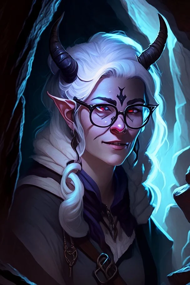 A Dnd Tiefling with a long tail and small horns in a dark cave. A female archeologist with white hair, wearing glasses, in adventurer's clothes. Cunning, beautiful, cool.