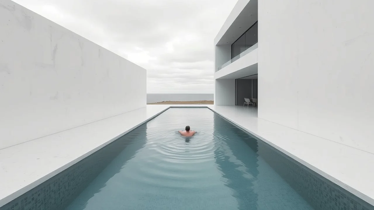 Contemporary house with pure lines and a longitudinal pool integrated into the living space, water as central axis reflecting gray sky, large white concrete walls defining absolute privacy, a person swimming slowly creating minimal ripples, soft exterior wind, hyperreal render style like Álvaro Siza + Scandinavian photography.