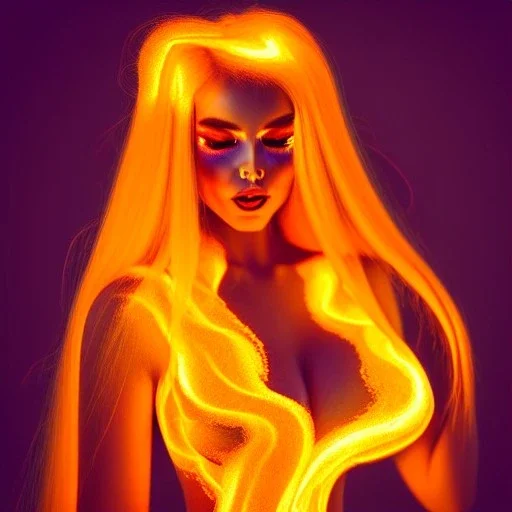 woman made of fire, fire angel, fire clothes, full body portrait, long flowing yellow hair, highly detailed, real life photo, photo quality, extremely detailed, highly detailed, 8K, crisp quality