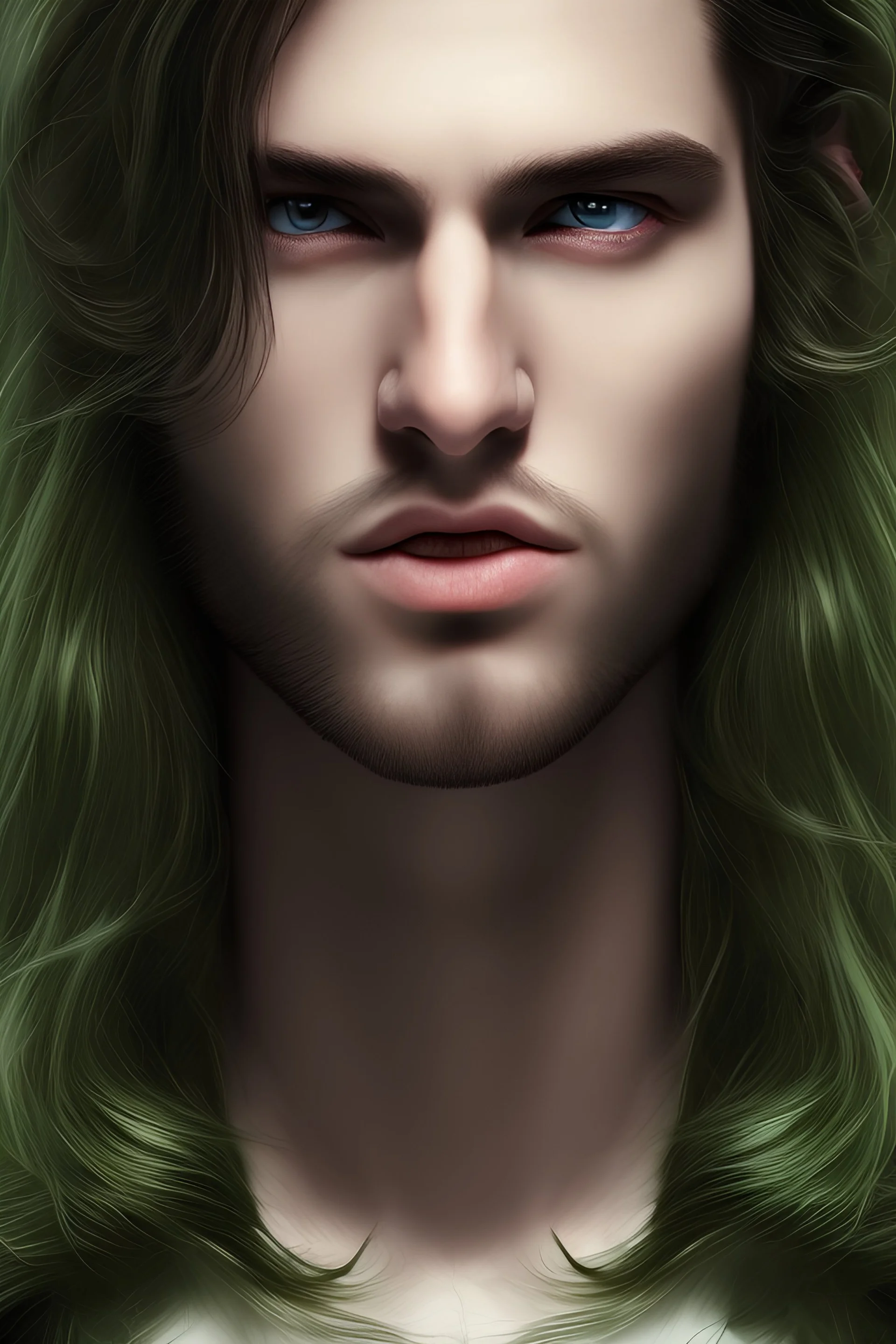 4K Ultra-HD -- a man, long black hair, extreme slanted eyebrows, green eyes, thick lips, square jaw, dent in chin, goatee, full body image --4k Ultra-HD--Hyper realistic--Cinema lighting