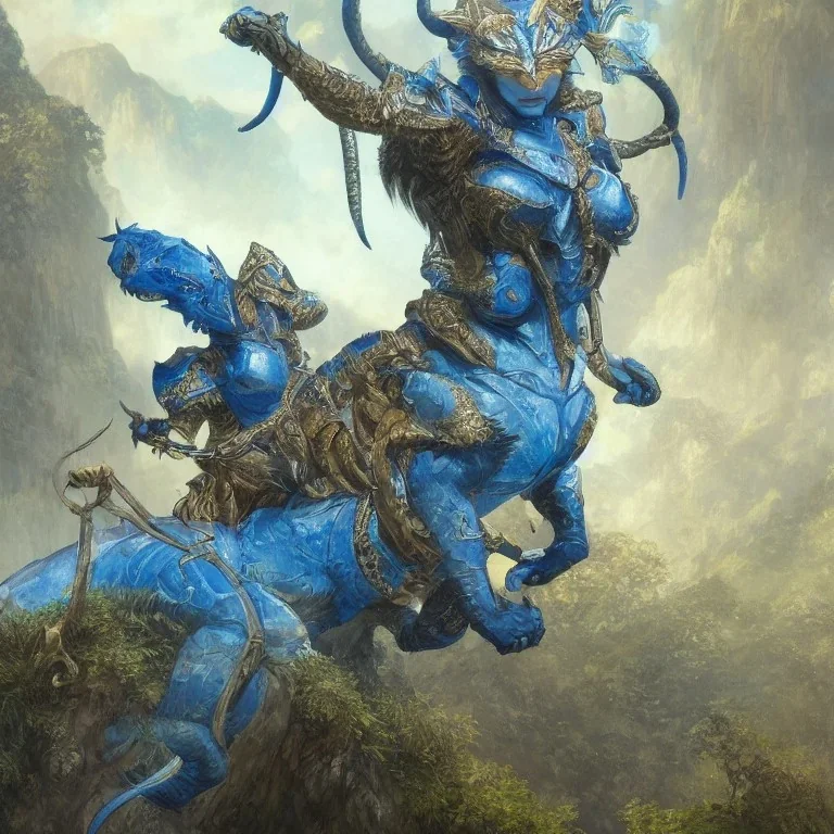 A Fantasy painting of an angry cougar in full blue and white armor, Inka jungle background, Blue fire coming out, highly detailed, digital painting, Artstation, concept art, matte, sharp focus, illustration, dramatic, art by artgerm and greg rutkowski and alphonse mucha