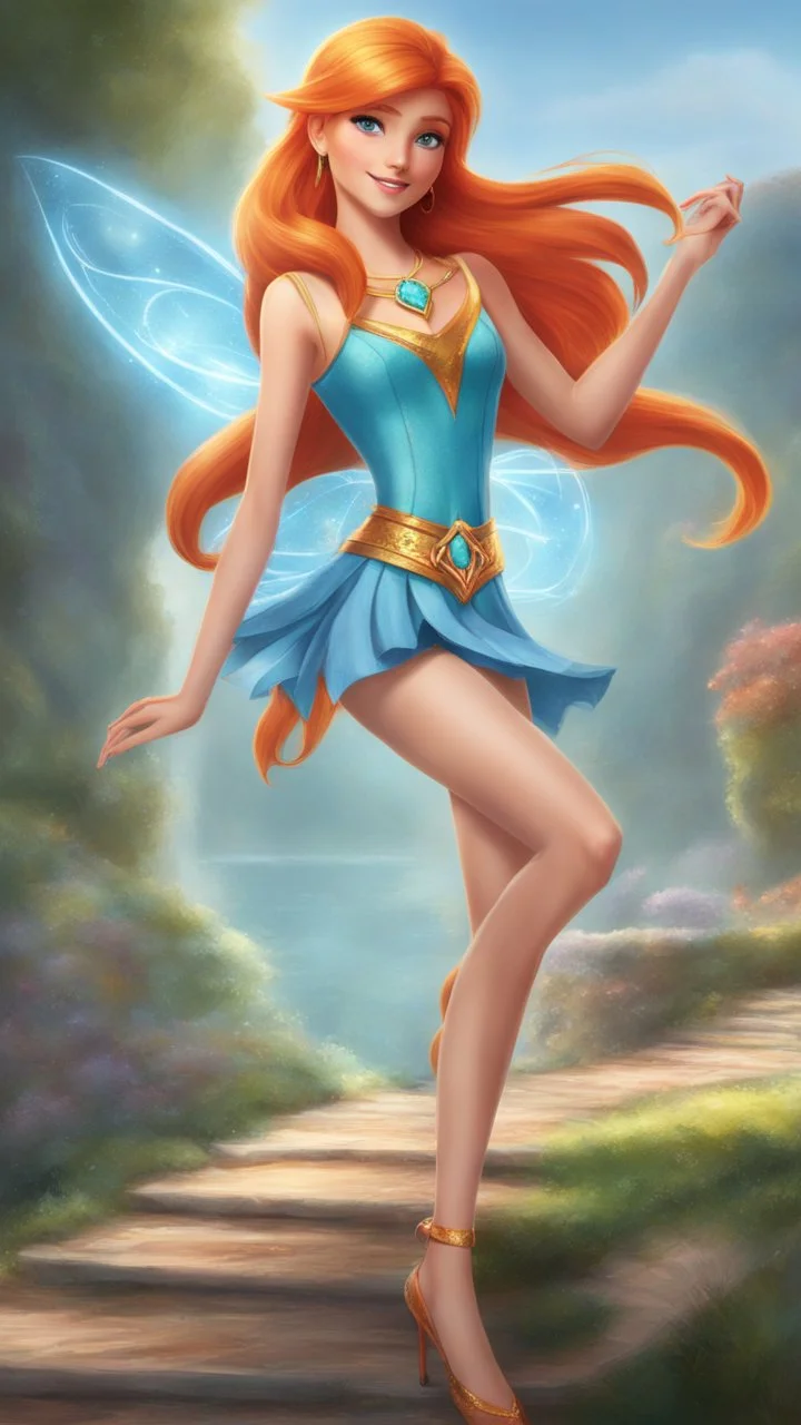 a realistic image of Bloom from Winx Club. She is a slightly fair-skinned girl with waist-length red-orange hair, and a single small hair strand sticking up. Her eyes are large and cyan. She's wearing a sparkly light blue top with a gold jewel at the center of her chest, along with a matching light blue miniskirt and light blue ankle boots. She has light blue gloves on her arms from elbow to wrist and a small golden tiara with rounded points at the top of her head. Her wings are cyan with teal t