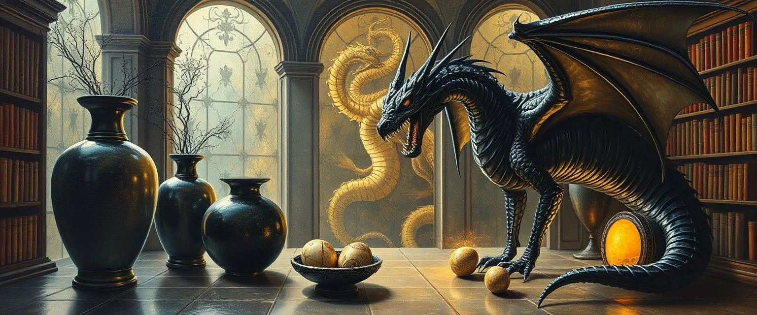 master oil painting by Escher and Giger, glaring vases and black humanoid reflective dragon and hidden golden dragon inside library, cryptic eggs