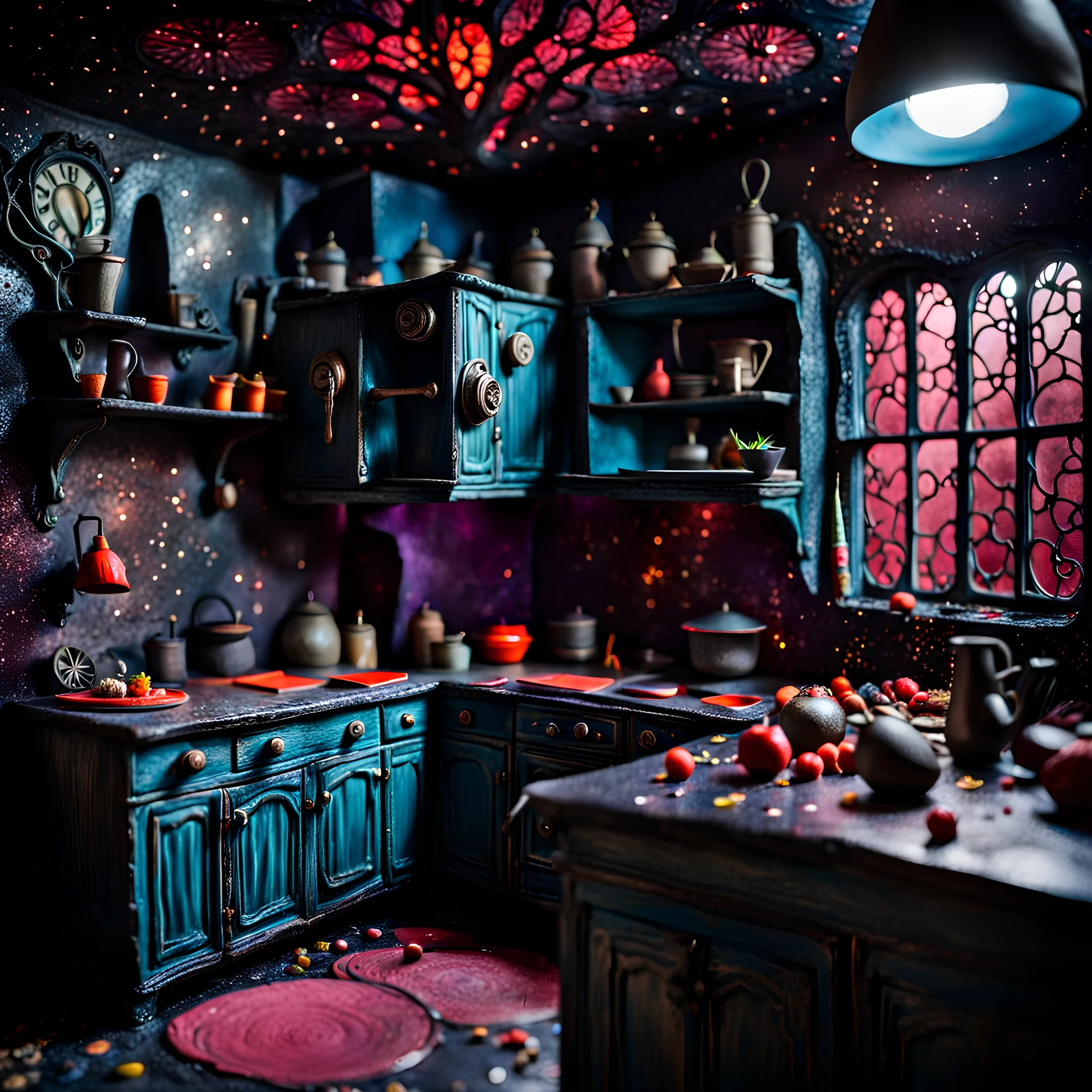 Detailed creepy kitchen made of modeling clay, naïve, Tim Burton, strong texture, extreme detail, Max Ernst, decal, rich moody colors, sparkles, Yves Tanguy, bokeh, odd