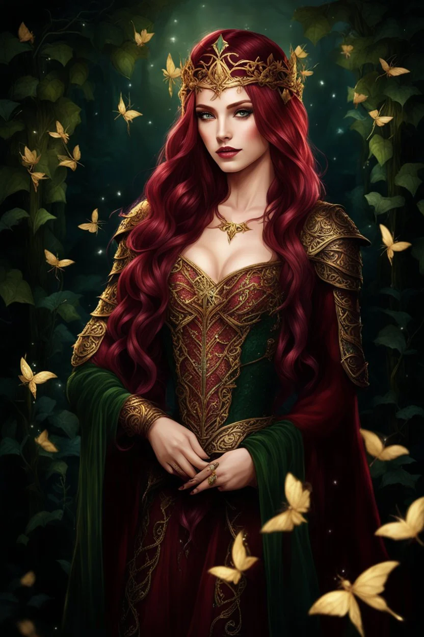 Burgundy hair, dark hair,dark red , rapunzel hair,very long hair,dark fairy princess,elven crown,night,dragonflies,beautiful,ong ashes,golden armor ,sparkle,night blooming,ivy,dark green,lilly of valley,golden elven crown,elven warrior,dark gold armor,extremely long hair