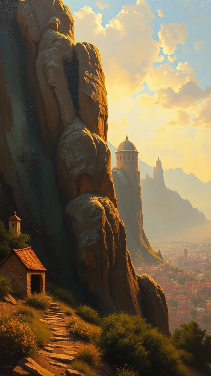 oil painting of a city of gold That lies in the distance