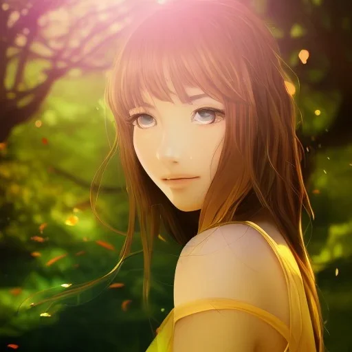 Insanely portrait of beautiful day girl, beautiful face, sunny, relaxing, sea, trees, real details, hyper photo realistic, anime style, glowing forest, 8k