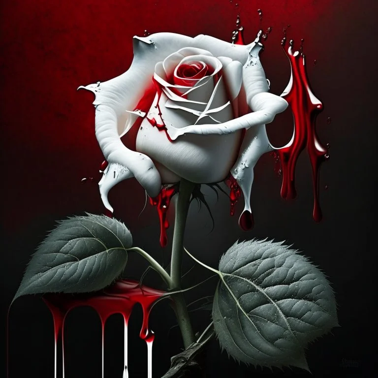 A white rose bleeding red blood from its stem