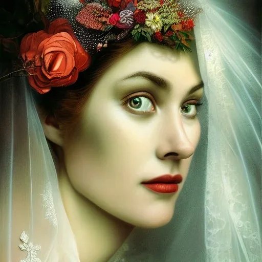 home-made paper collage of beautiful bride's face, jigsaw, fine detail, highly intricate, wearing bridal veil, modern surrealism painting, high-quality, volumetric lighting, 8k, ultrahd, George Grie, Marco Escobedo, Igor Morski