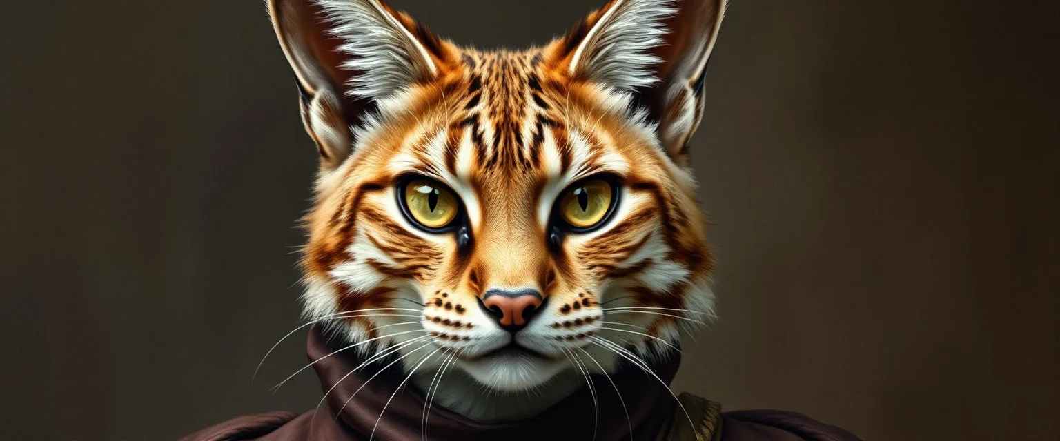 amish lynx with human eyes and hair tips on its ears dressed in amish outfit, painted by Rembrandt, Escher and Giger and some anime genious